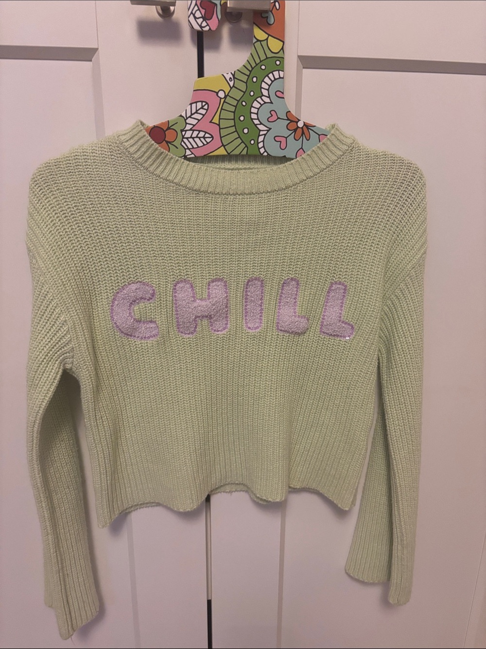Happily Grey Kids Green CHILL Sequin Cropped Knit Sweater